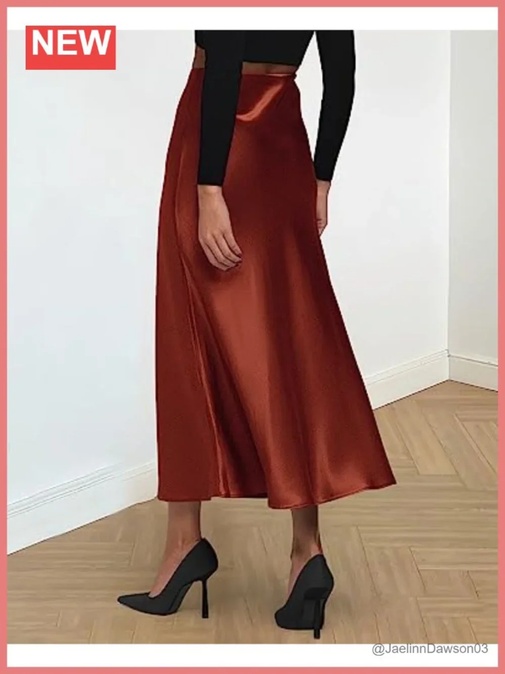 Satin Flowy Midi A-Line Skirt High Waist Ruffle Hem Elastic